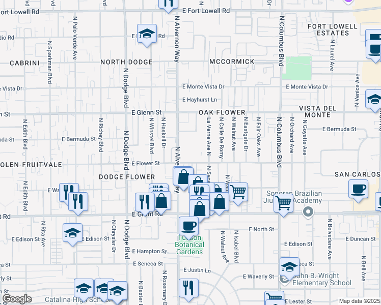 map of restaurants, bars, coffee shops, grocery stores, and more near 2662 North Alvernon Way in Tucson