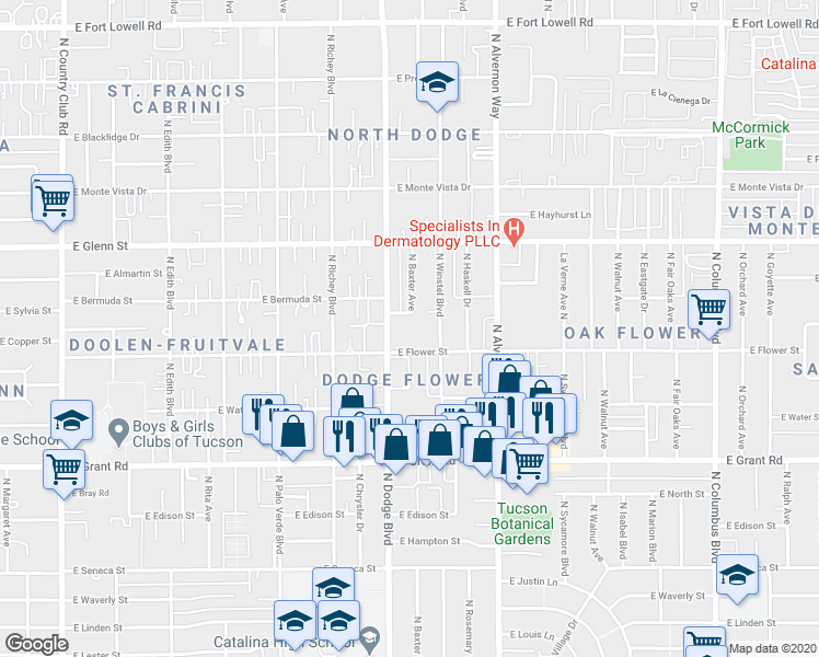 map of restaurants, bars, coffee shops, grocery stores, and more near 3731 East Flower Street in Tucson