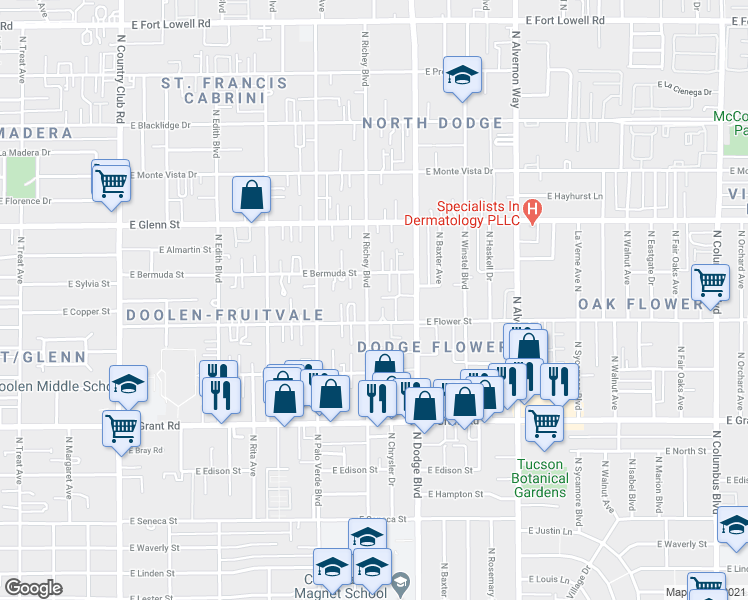 map of restaurants, bars, coffee shops, grocery stores, and more near 2614 North Richey Boulevard in Tucson