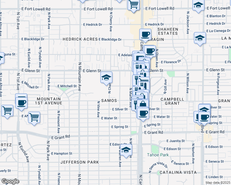 map of restaurants, bars, coffee shops, grocery stores, and more near 1619 East Copper Street in Tucson