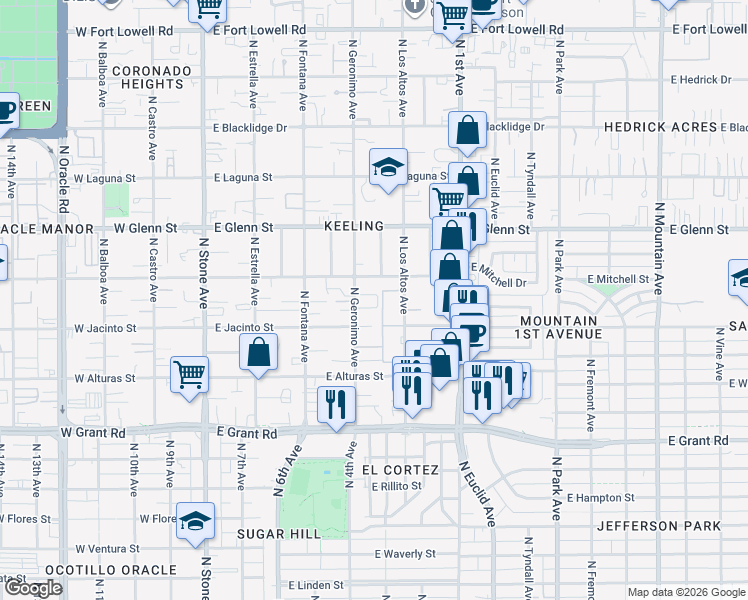 map of restaurants, bars, coffee shops, grocery stores, and more near 2525 North Los Altos Avenue in Tucson