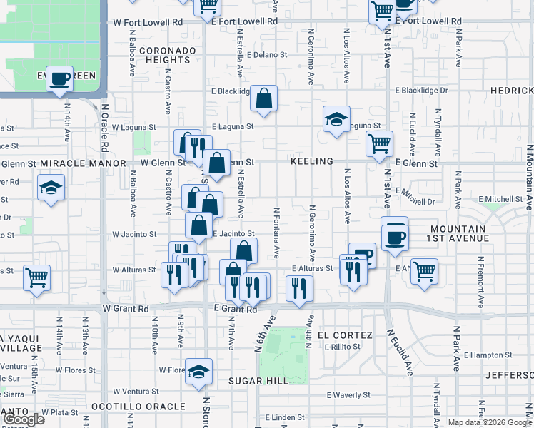map of restaurants, bars, coffee shops, grocery stores, and more near 2615 North Fontana Avenue in Tucson