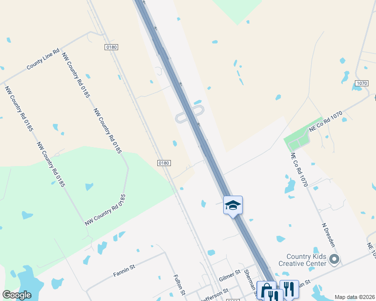 map of restaurants, bars, coffee shops, grocery stores, and more near 180 County Road 0180 in Rice