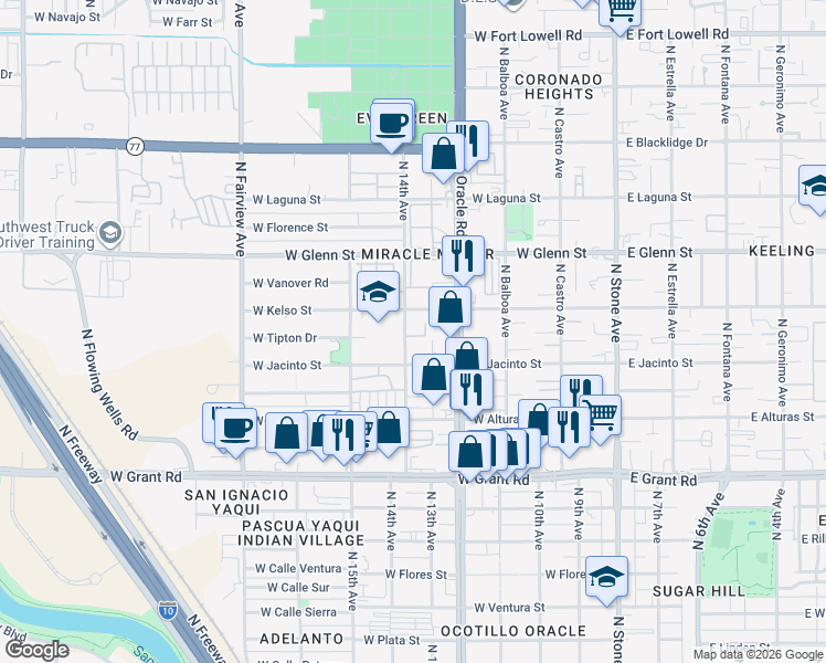 map of restaurants, bars, coffee shops, grocery stores, and more near 455 West Kelso Street in Tucson