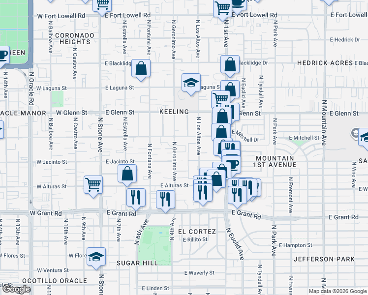 map of restaurants, bars, coffee shops, grocery stores, and more near 2525 North Los Altos Avenue in Tucson