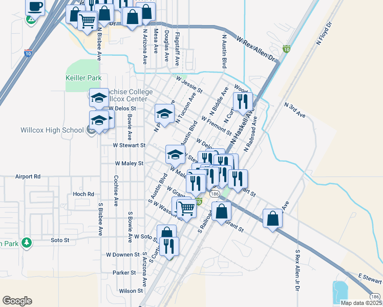 map of restaurants, bars, coffee shops, grocery stores, and more near 265 West Stewart Street in Willcox
