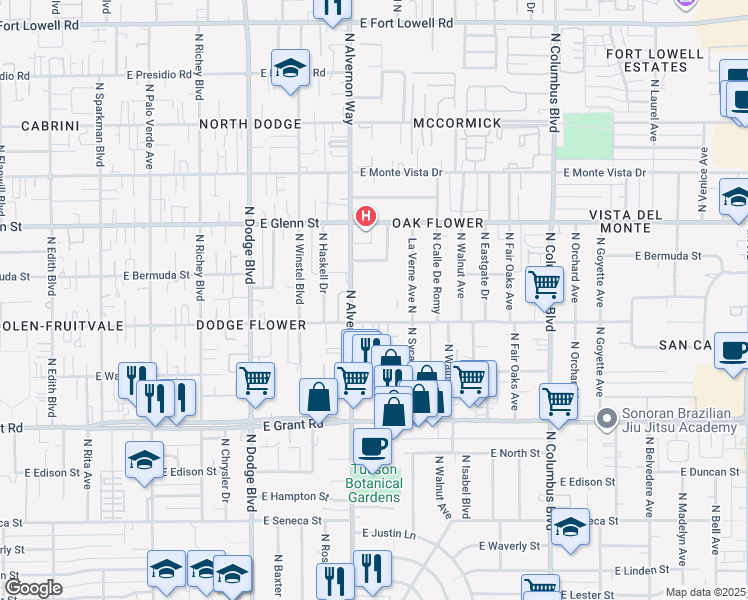 map of restaurants, bars, coffee shops, grocery stores, and more near 2660 North Alvernon Way in Tucson