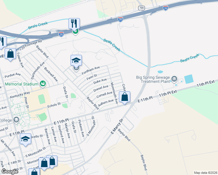 map of restaurants, bars, coffee shops, grocery stores, and more near 3231 Cornell Avenue in Big Spring