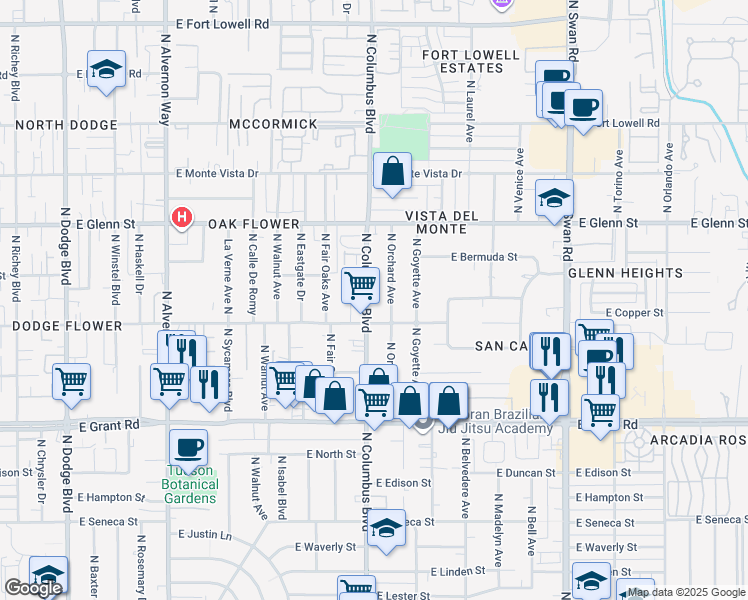 map of restaurants, bars, coffee shops, grocery stores, and more near 4303 East Flower Street in Tucson