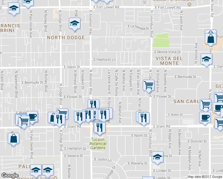 map of restaurants, bars, coffee shops, grocery stores, and more near 2602 La Verne Avenue North in Tucson