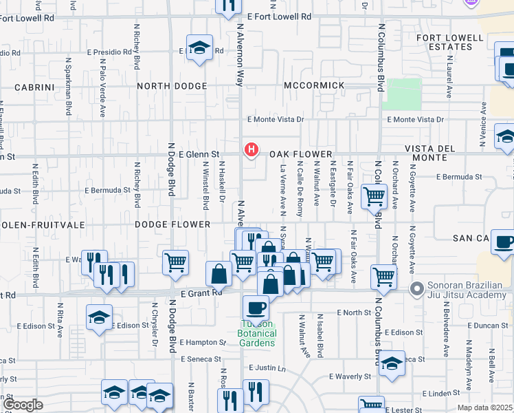 map of restaurants, bars, coffee shops, grocery stores, and more near 2662 North Alvernon Way in Tucson