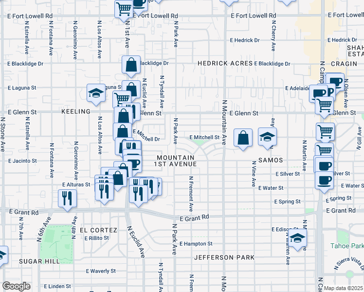 map of restaurants, bars, coffee shops, grocery stores, and more near 2622 North Park Avenue in Tucson