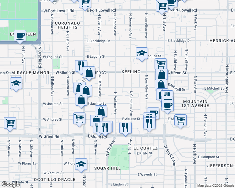 map of restaurants, bars, coffee shops, grocery stores, and more near 335 East Fontana Place in Tucson