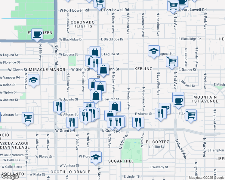 map of restaurants, bars, coffee shops, grocery stores, and more near 125 East Jacinto Street in Tucson