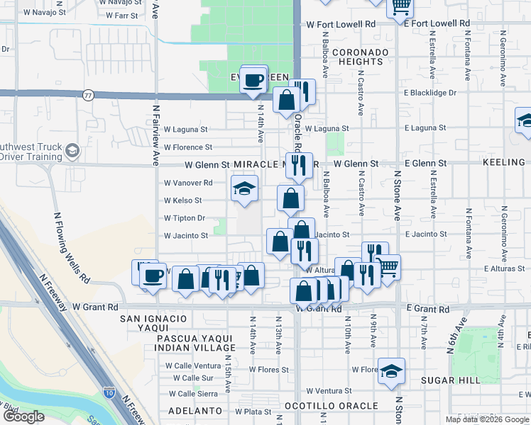 map of restaurants, bars, coffee shops, grocery stores, and more near 515 West Kelso Street in Tucson