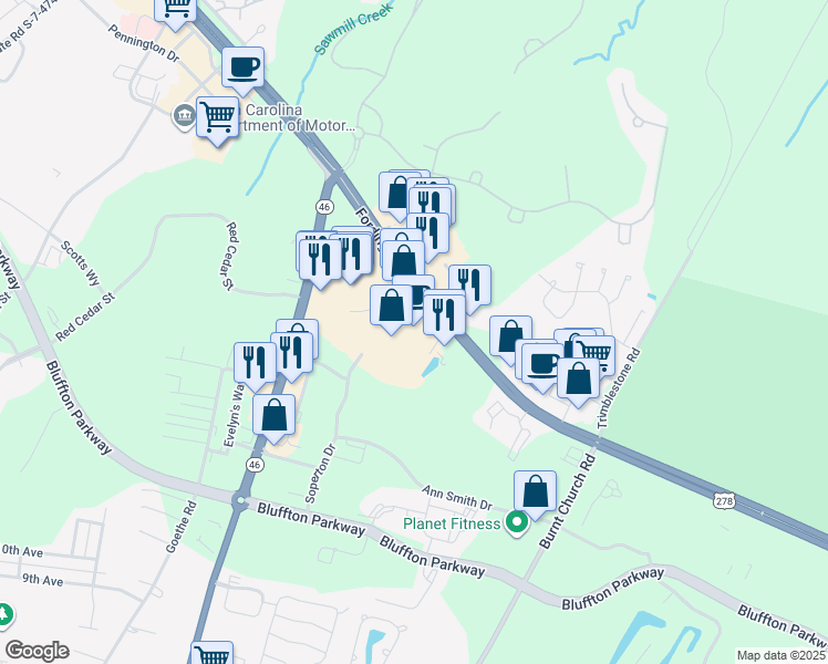 map of restaurants, bars, coffee shops, grocery stores, and more near 1050 Fording Island Road in Bluffton