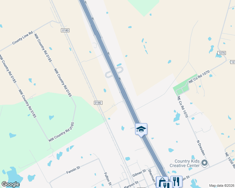 map of restaurants, bars, coffee shops, grocery stores, and more near 180 County Road 0180 in Rice