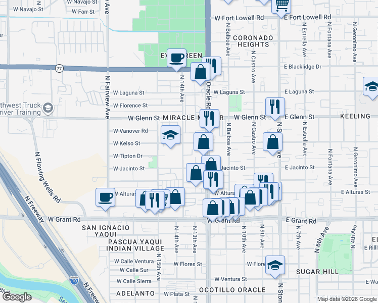 map of restaurants, bars, coffee shops, grocery stores, and more near 455 West Kelso Street in Tucson