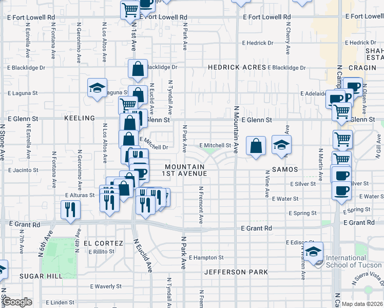 map of restaurants, bars, coffee shops, grocery stores, and more near 2622 North Park Avenue in Tucson