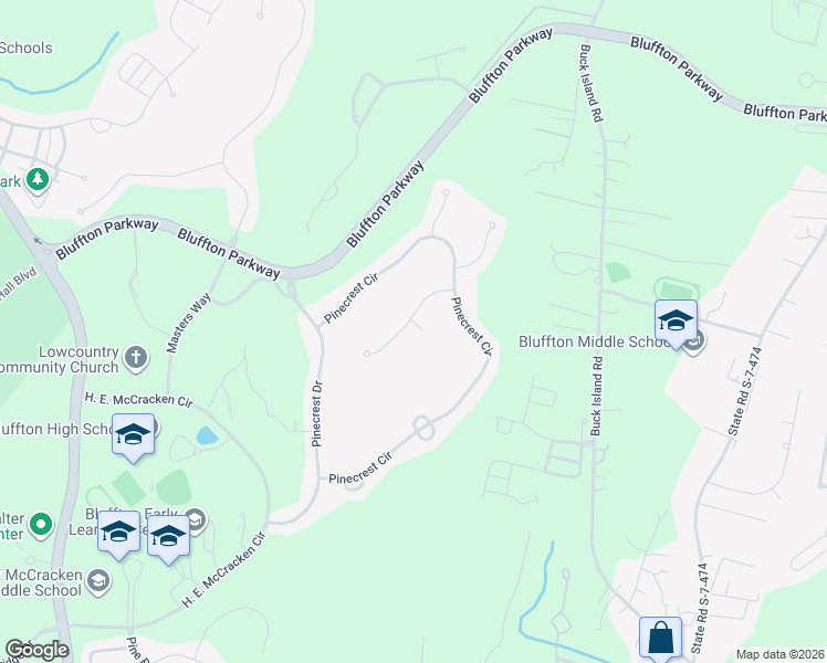 map of restaurants, bars, coffee shops, grocery stores, and more near 2 Aspen Hall Court in Bluffton