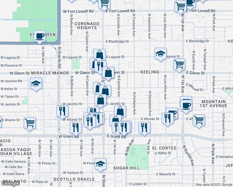 map of restaurants, bars, coffee shops, grocery stores, and more near 125 East Jacinto Street in Tucson