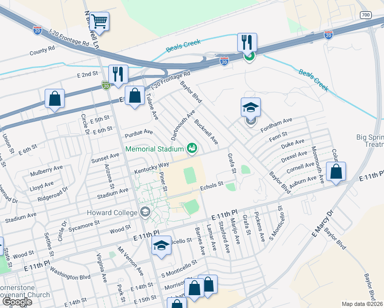 map of restaurants, bars, coffee shops, grocery stores, and more near 2216-2266 Kentucky Way in Big Spring