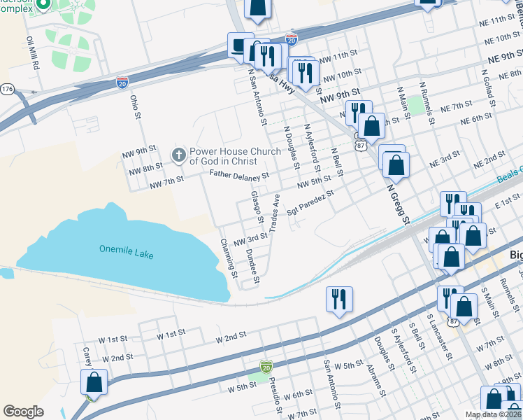 map of restaurants, bars, coffee shops, grocery stores, and more near Glasgo Street in Big Spring