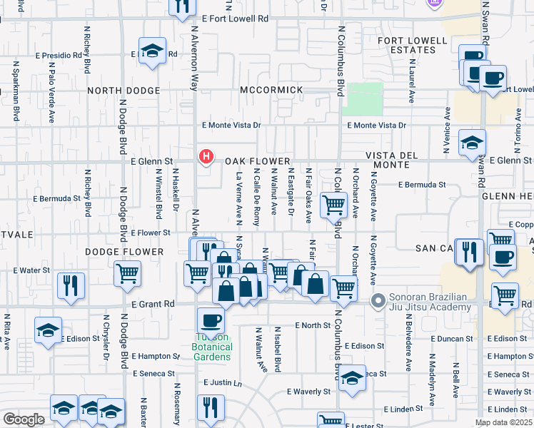 map of restaurants, bars, coffee shops, grocery stores, and more near 4101 East Flower Street in Tucson