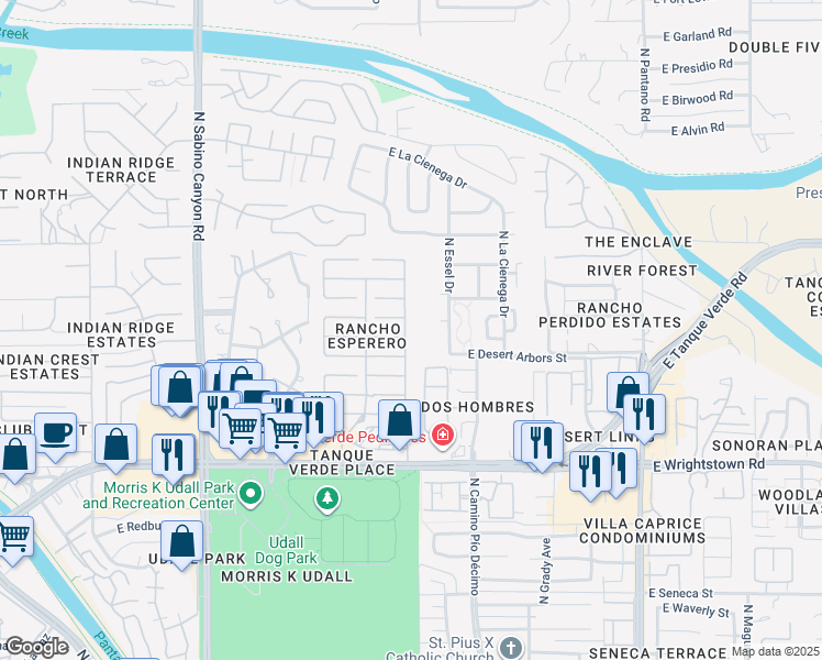 map of restaurants, bars, coffee shops, grocery stores, and more near 7445 East Placita Rio Cabo in Tucson