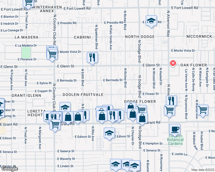 map of restaurants, bars, coffee shops, grocery stores, and more near 3447 East Flower Street in Tucson