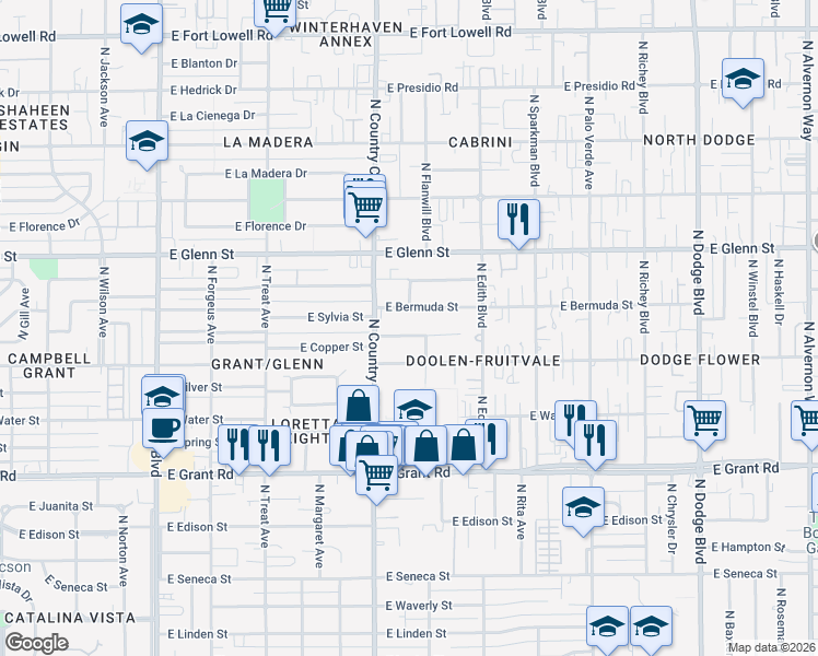 map of restaurants, bars, coffee shops, grocery stores, and more near 2609 North Flanwill Boulevard in Tucson