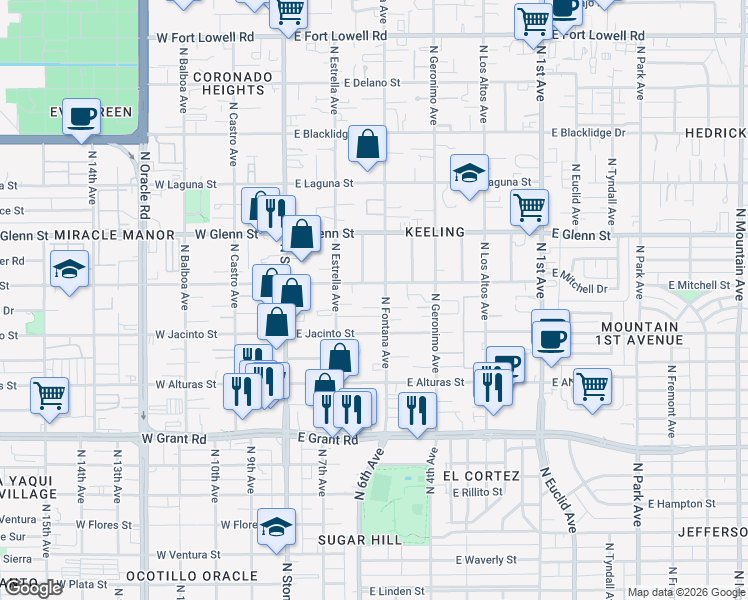 map of restaurants, bars, coffee shops, grocery stores, and more near 2615 North Fontana Avenue in Tucson