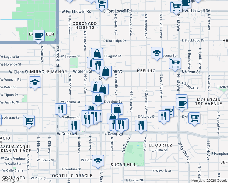 map of restaurants, bars, coffee shops, grocery stores, and more near 125 East Jacinto Street in Tucson