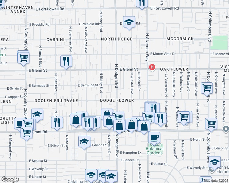 map of restaurants, bars, coffee shops, grocery stores, and more near 2605 North Dodge Boulevard in Tucson