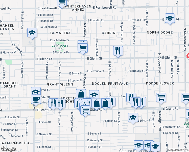 map of restaurants, bars, coffee shops, grocery stores, and more near 3149 East Towner Street in Tucson