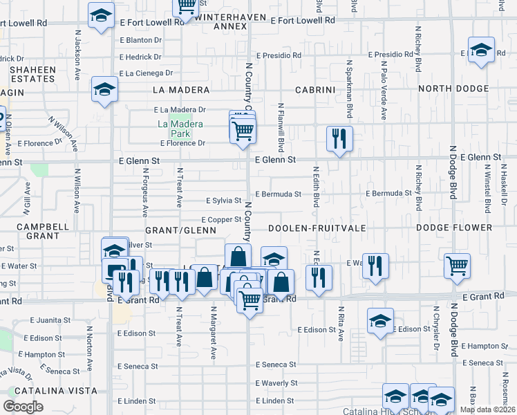 map of restaurants, bars, coffee shops, grocery stores, and more near 2612 North Country Club Road in Tucson