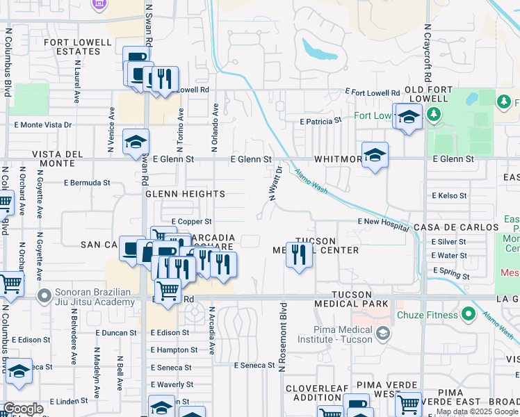 map of restaurants, bars, coffee shops, grocery stores, and more near 4950 East Bermuda Street in Tucson