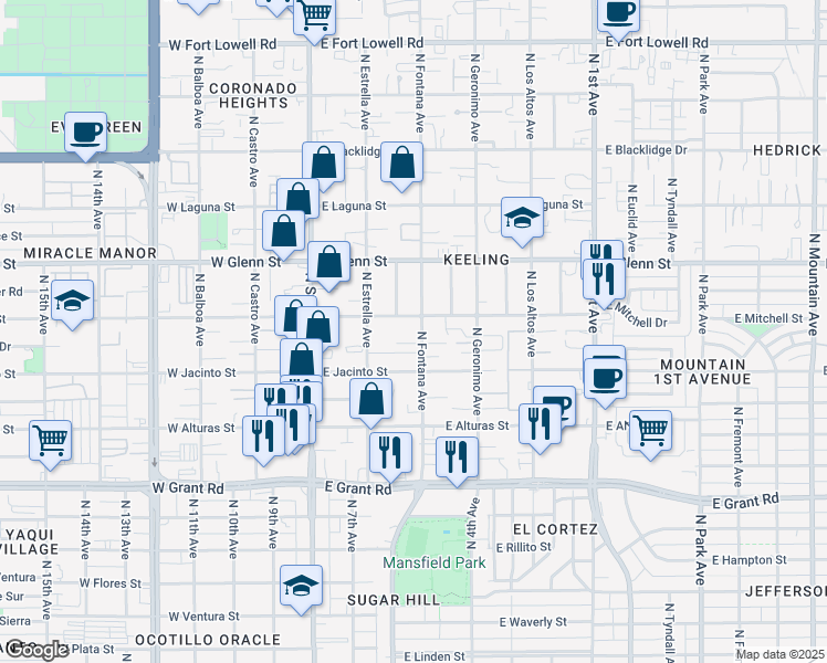 map of restaurants, bars, coffee shops, grocery stores, and more near 237 East Kelso Street in Tucson