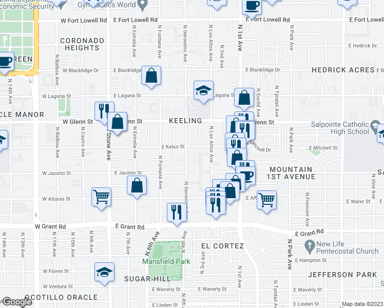 map of restaurants, bars, coffee shops, grocery stores, and more near 440 East Geronimo Bluff Loop in Tucson