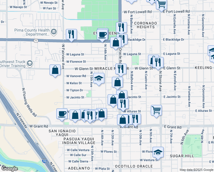 map of restaurants, bars, coffee shops, grocery stores, and more near 455 West Kelso Street in Tucson
