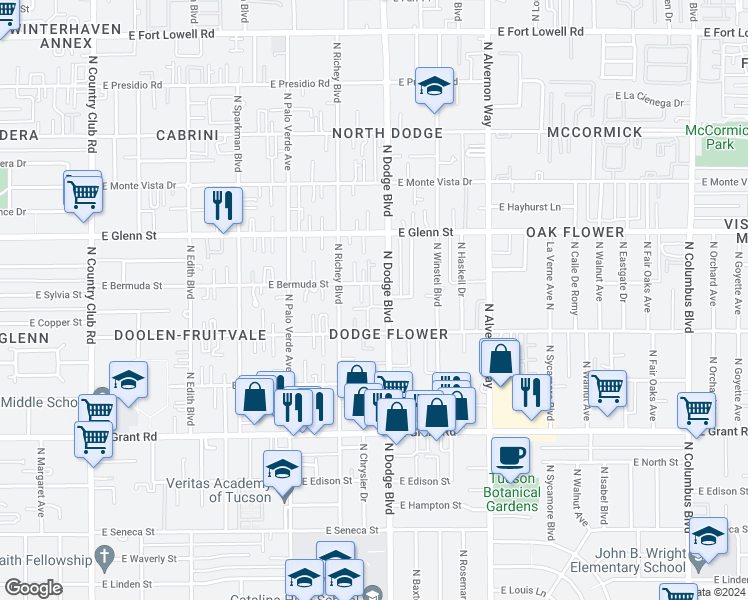 map of restaurants, bars, coffee shops, grocery stores, and more near 2643 North Dodge Boulevard in Tucson