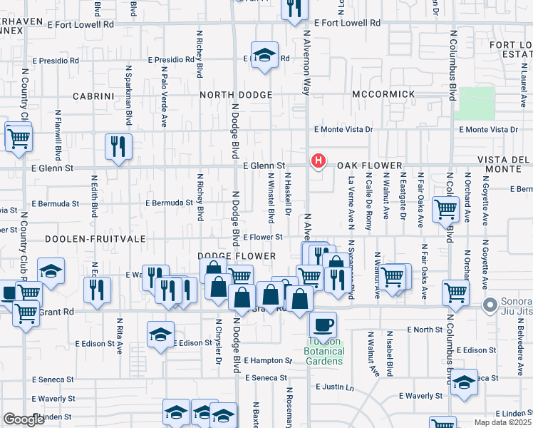 map of restaurants, bars, coffee shops, grocery stores, and more near 2645 North Winstel Boulevard in Tucson