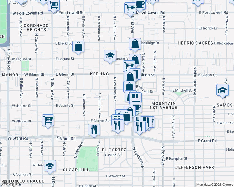 map of restaurants, bars, coffee shops, grocery stores, and more near 2640 North Los Altos Avenue in Tucson