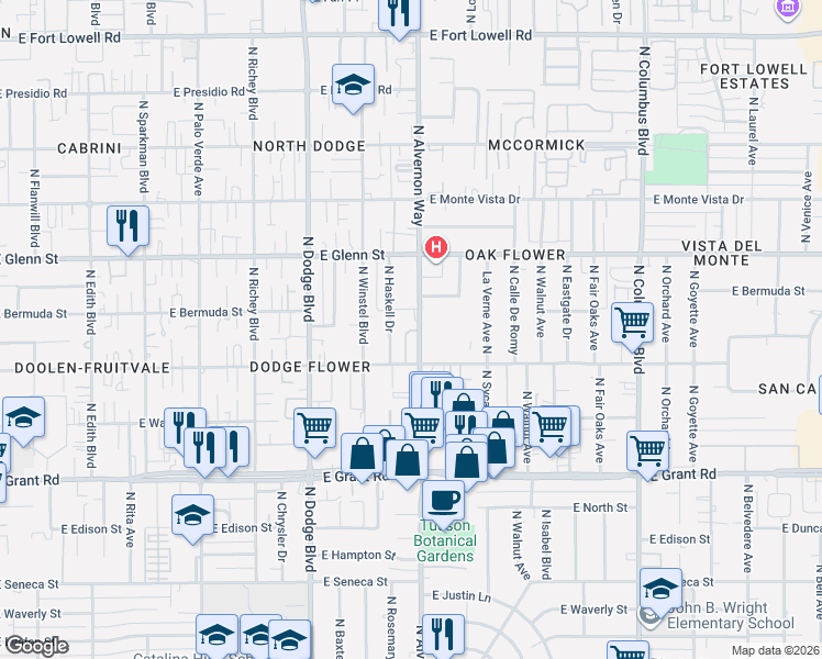 map of restaurants, bars, coffee shops, grocery stores, and more near 2679 North Alvernon Way in Tucson