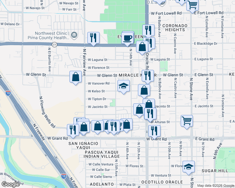 map of restaurants, bars, coffee shops, grocery stores, and more near 2717 North Pacific Drive in Tucson