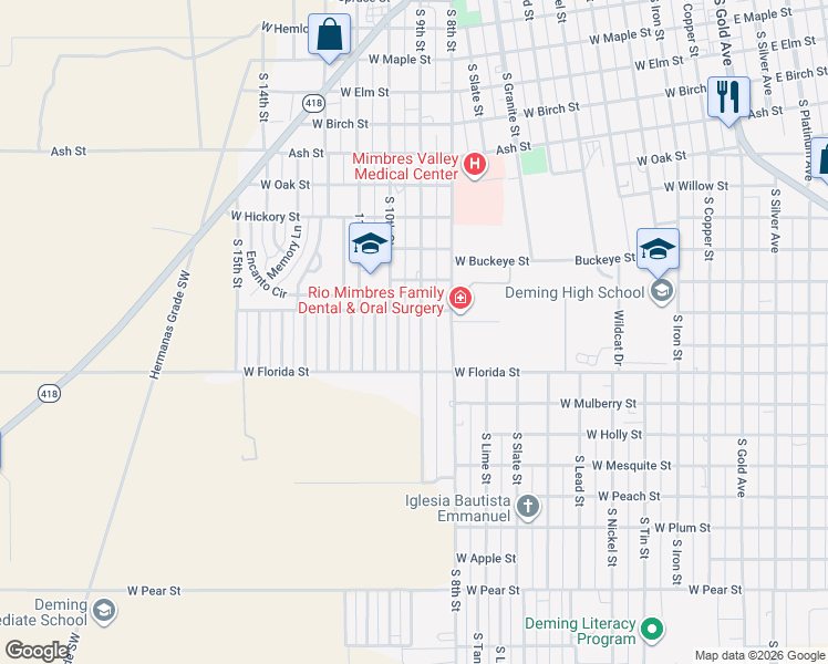 map of restaurants, bars, coffee shops, grocery stores, and more near 1316 South 9th Street in Deming