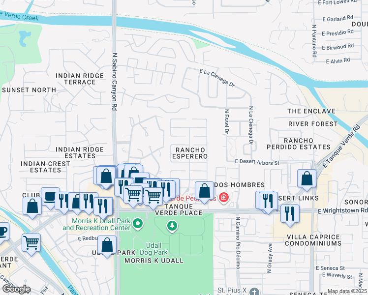 map of restaurants, bars, coffee shops, grocery stores, and more near 7382 East Placita Luz de La Luna in Tucson