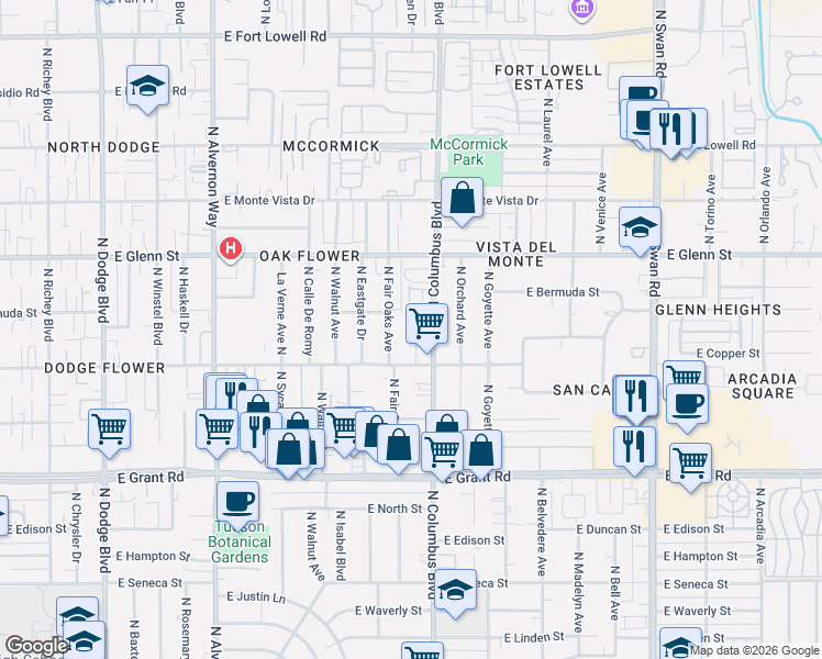 map of restaurants, bars, coffee shops, grocery stores, and more near 4253 East Flower Street in Tucson