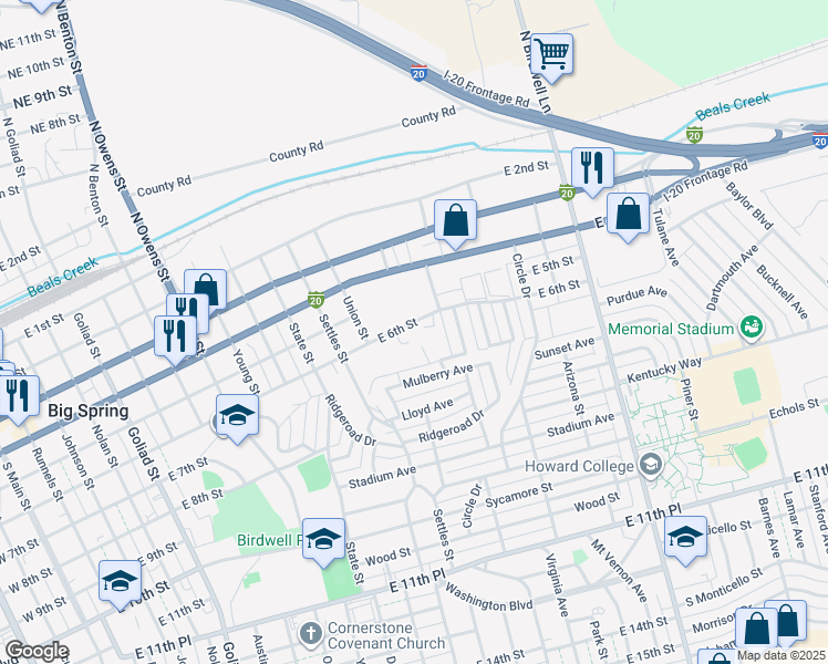 map of restaurants, bars, coffee shops, grocery stores, and more near 1305-1411 East 6th Street in Big Spring