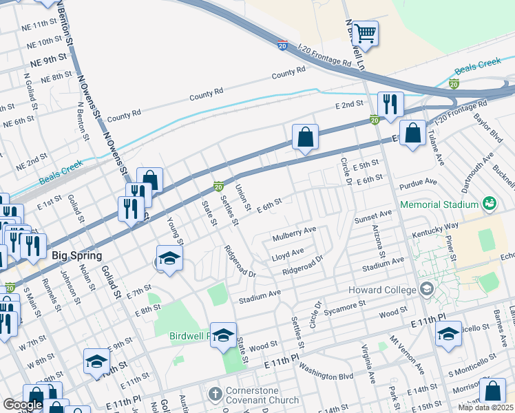 map of restaurants, bars, coffee shops, grocery stores, and more near 1305 East 6th Street in Big Spring